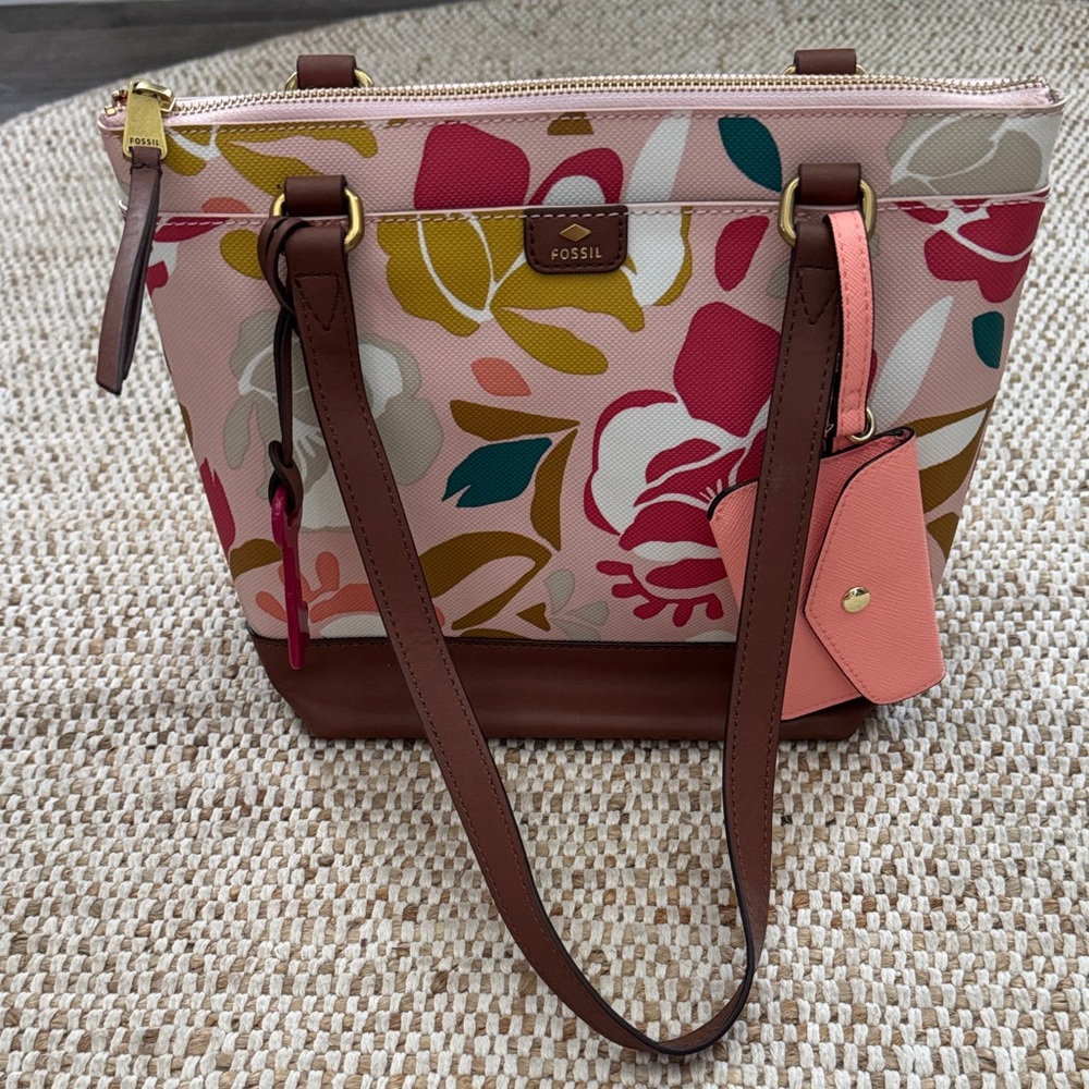 Fossil Women's Pink and Brown Floral Tote
